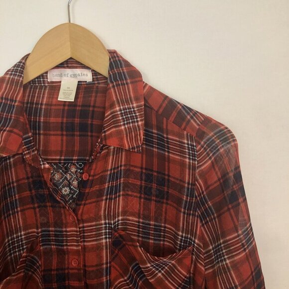 URBAN OUTFITTERS BAND OF GYPSIES Red Navy Plaid Geo Boho Sheer Button Down Shirt - Picture 5 of 8